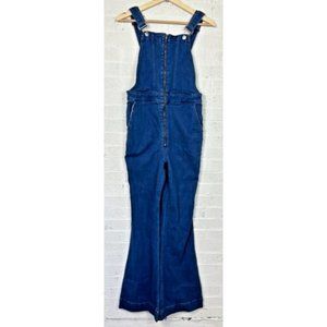 Express Dark Wash Zip Front Flare Leg Jean Overalls Jumpsuit Size 8 Stretch
